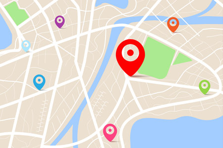 3D top view of a map with destination location point, Aerial clean top view of the day time city map with street and river, Blank urban imagination map, GPS map navigator concept, vector illustrationのイラスト素材