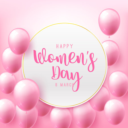 Happy women day 8 march text calligraphy with beautiful flying ballon and circle blank paper frame on light pink background, with cloud and shadows element, for international women's day holiday vector illustrationのイラスト素材