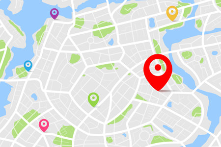 3D top view of a map with destination location point, Aerial clean top view of the day time city map with street and river, Blank urban imagination map, GPS map navigator concept, vector illustrationのイラスト素材