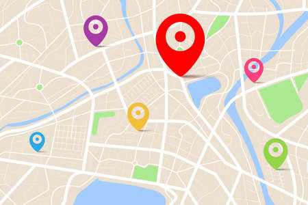 3D top view of a map with destination location point, Aerial clean top view of the day time city map with street and river, Blank urban imagination map, GPS map navigator concept, vector illustrationのイラスト素材