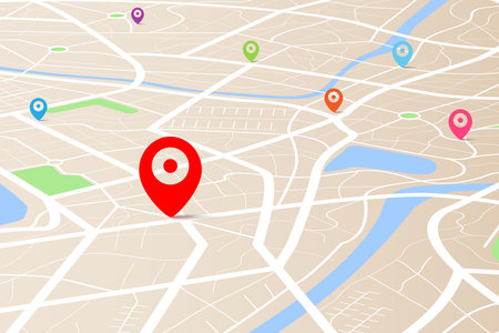 3D top view of a map with destination location point, Aerial clean top view of the day time city map with street and river, Blank urban imagination map, GPS map navigator concept, vector illustrationのイラスト素材