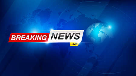 Breaking news template with 3d red and blue badge, Breaking news text on dark blue with earth and world map background, TV News show Broadcast template widescreen ratio 16:9 vector illustrationのイラスト素材