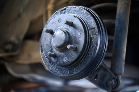 A rear hub of the car after removing a tire and wheel, maintaining a brake and wheel system, car jack-up for change a car wheel, Close-up shotの写真素材