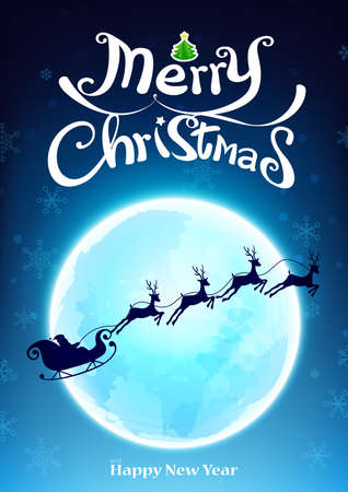 The silhouette of Santa and reindeer are flying in the night sky, Abstract background Scenic Christmas landscape with big moon against snow falling and glittering starのイラスト素材