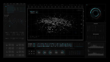 Sci-Fi futuristic user interface hud design panel for business app. Abstract technology concept, Technology concept FUI widescreen aspect ratio, hologram, communication, statistic, data, infographicのイラスト素材