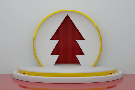 3D Rendering Abstract background with realistic basic geometry cylinder pedestal podium. Minimal scene for product display presentation and exhibition mockup. Red scheme for Christmas decorationの写真素材