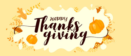 Happy Thanksgiving text calligraphy free hand draw style art with dry leaves. For the Thanksgiving celebration day. Bright color style. Wide aspect ratio for header and banner designのイラスト素材