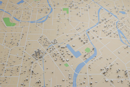3D rendering city map illustration of a city map created using 3D modeling. Top view of Urban map with main road and sub road detailed representation of a cityの写真素材