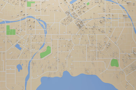 3D rendering city map illustration of a city map created using 3D modeling. Top view of Urban map with main road and sub road detailed representation of a cityの写真素材