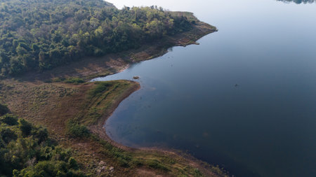 Aerial view of the reservoir dam and forest at rural countrysideの写真素材