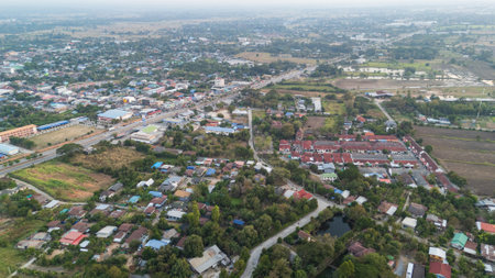 Drone shot aerial view of scenic landscape of Thailand countryside villageの写真素材