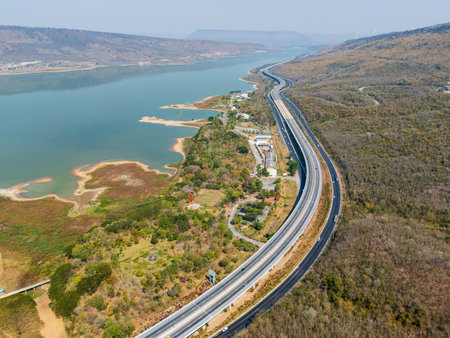 Drone shot of scenic landscape rural place traffic. Nakhon Ratchasima Thailand. Motorway Koratの写真素材