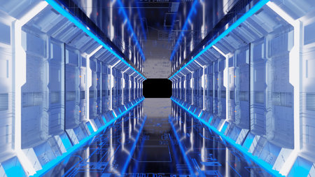 3D rendering Abstract background Empty Sci-Fi modern futuristic cyber spaceship room with smart technology and business concept. Modern and elegance Interior designの写真素材