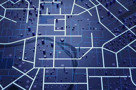 3d illustration of a city map with roads and buildings in blue colorsの写真素材