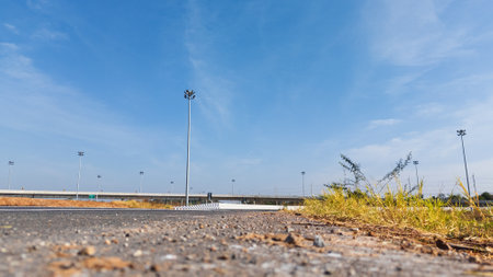Intersection across the bridge against the countryside highwayの写真素材