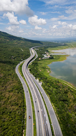 Drone shot The M6 motorway Nakhon Ratchasima Province - Bang Pa-in Lam Ta Khong River and Mountain...