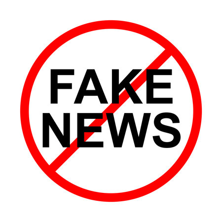 Red FAKE NEWS circular stamp vector icon. Warning symbol for misinformation, disinformation, and media hoaxes. Editable graphic for awareness or media-related content.のイラスト素材