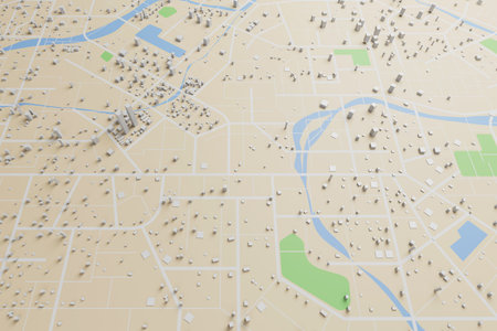 3D rendering city map illustration of a city map created using 3D modeling. Top view of Urban map...