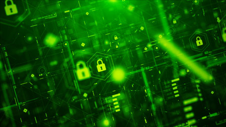 3D rendering cyber security HUD scene with layered digital locks, flowing data lines and futuristic network panels, designed for high-tech visuals, AI themes and secure system interface backgroundsの写真素材