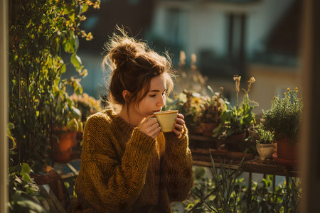 A cozy, authentic portrait of a young woman sipping from a mug on a sunlit balcony filled with plants.の素材