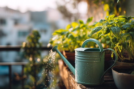 A watering can with water droplets on a sunlit urban balcony garden, surrounded by fresh potted plants.の素材