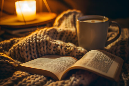 A cozy evening scene with an open book, a warm mug, and a lit candle on a thick knitted blanket, creating a peaceful atmosphere.の素材