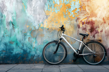A bicycle leans against a vibrant, peeling painted wall with rich textures and a blend of warm and cool colors.の素材