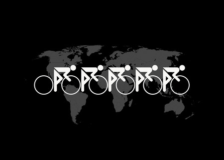 A team of cyclists speed across a world map in a global bicycle race.