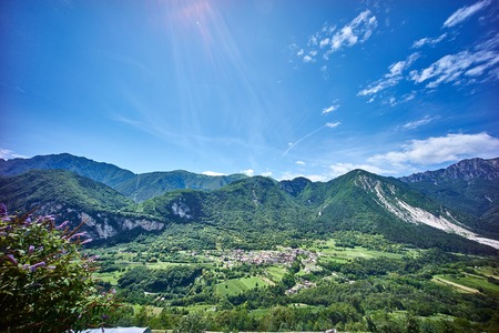 mountain landscape with village in italyの写真素材