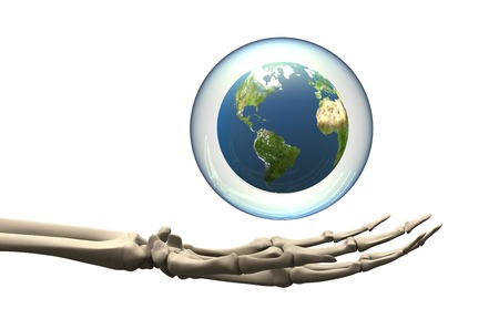 Skeleton Hand holding globe in bubbleの写真素材