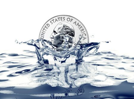 quarter dollar coin splashing into water.