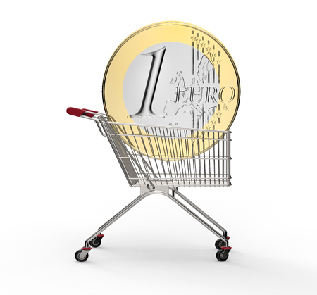shopping trolley with euro coin isolated on white back groundの写真素材