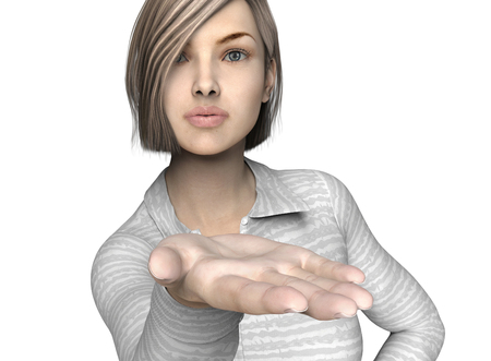 woman holding hand up or giving  isolated on whiteの写真素材