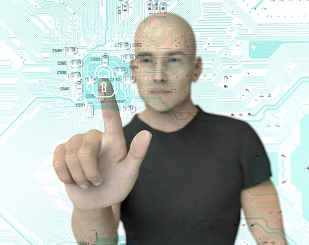 man pressing virtual computer screen with padlock.の写真素材
