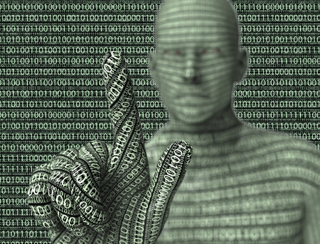 electronic man pressing virtual computer screen.