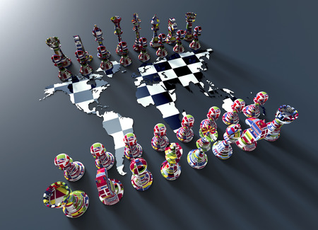 symbol of geopolitics, chess board out of the world map with chess play made of country flagsの写真素材
