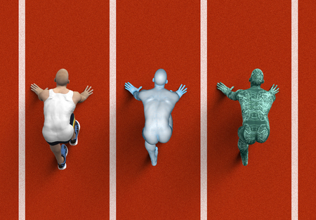 men and digital man in the race on track.の写真素材