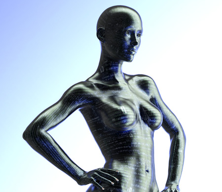 electronic woman or female cyborg isolated on binary backgroundの写真素材
