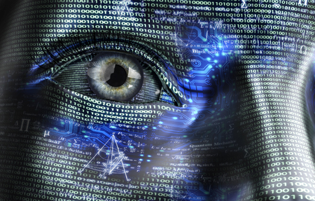 electronic woman or female cyborg isolated on binary background