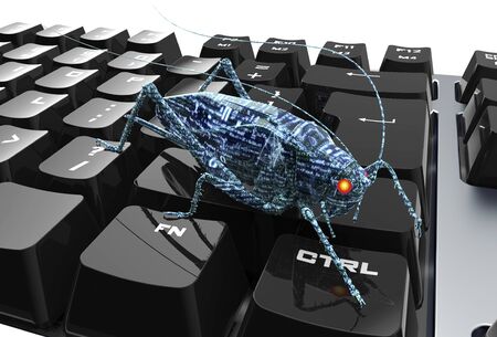 digital safety concept electronic bug on computer keyboard, 3D illustration