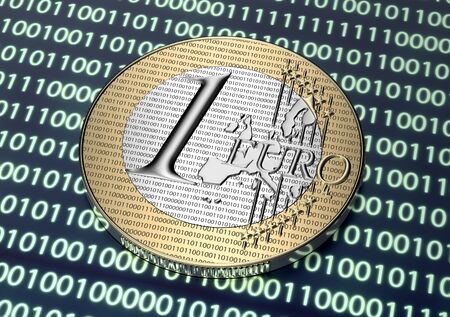 euro coin with electronic cuircuit in digital environment, 3d illustrationの写真素材