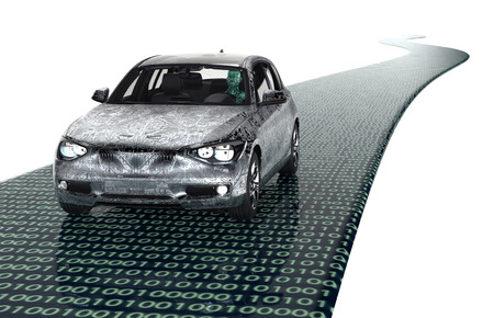 self driveing electronic computer car on road, 3d illustration
