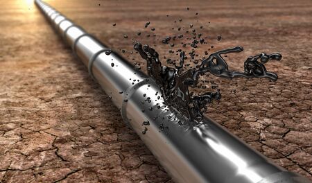 bursted oil-pipe with oil leaking out, 3d illustrationの写真素材