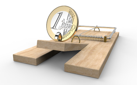 mouse trap with euro coin as bait isolated, 3d illustrationの写真素材