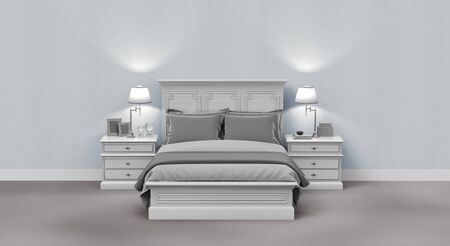 bed with blanket and pillow in room.の写真素材