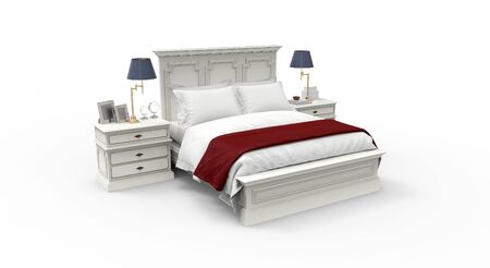 bed with blanket and pillow isolated on white.の写真素材