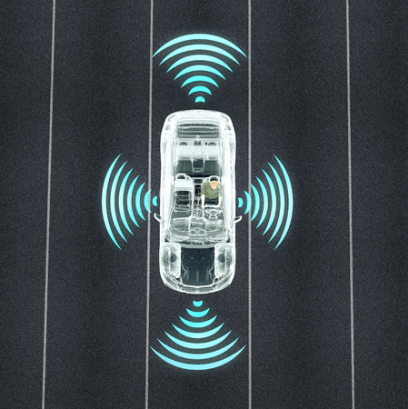 self driving electronic computer cars on road, 3d illustrationの写真素材