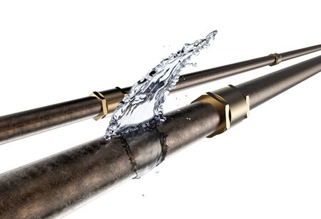 broken pipe is leaking water, isolated on white. 3d illustrationの写真素材