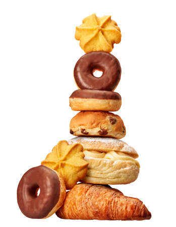 Cookies, donuts and pastries in a studio setting, isolated on white.の写真素材