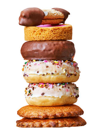 Donuts, cookies and pastries in a studio setting, isolated on white.の写真素材